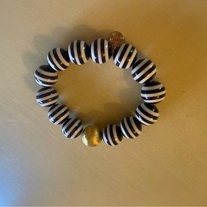 Lisi Lerch Navy Blue and White Stripe Stretch Bead Bracelet, Gold accents